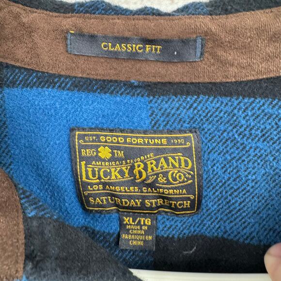 Lucky Brand Saturday Stretch Plaid Flannel Shirt Mens XL Blue Classic Fit - Picture 7 of 14